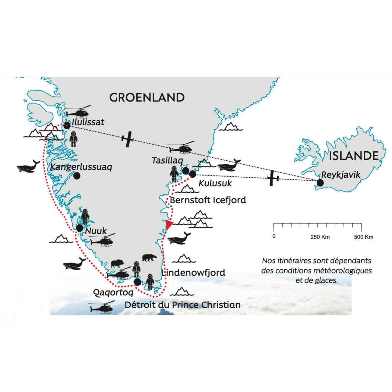 Carte Itinéraire Pics et Glaciers du groenland Ocean Nova